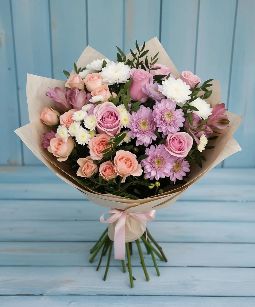 Букет цветов из: Хризантемы, Розы и Альстромерии в Беседино