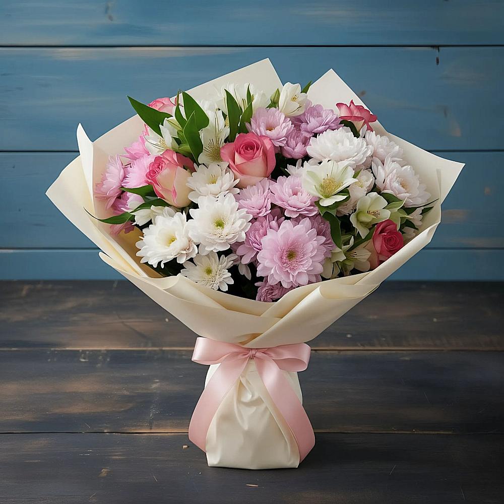 Букет цветов из: Хризантемы, Альстромерии и Розы в Беседино